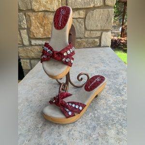 Ladies size 6 Ravianni Red leather slides with clear Swarovski Crystals .